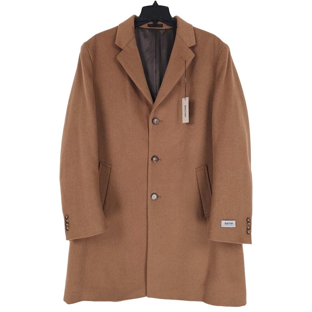 Kenneth Cole Reaction Mens Classic Fit Overcoat 46R Beige Camel Solid Wool Blend